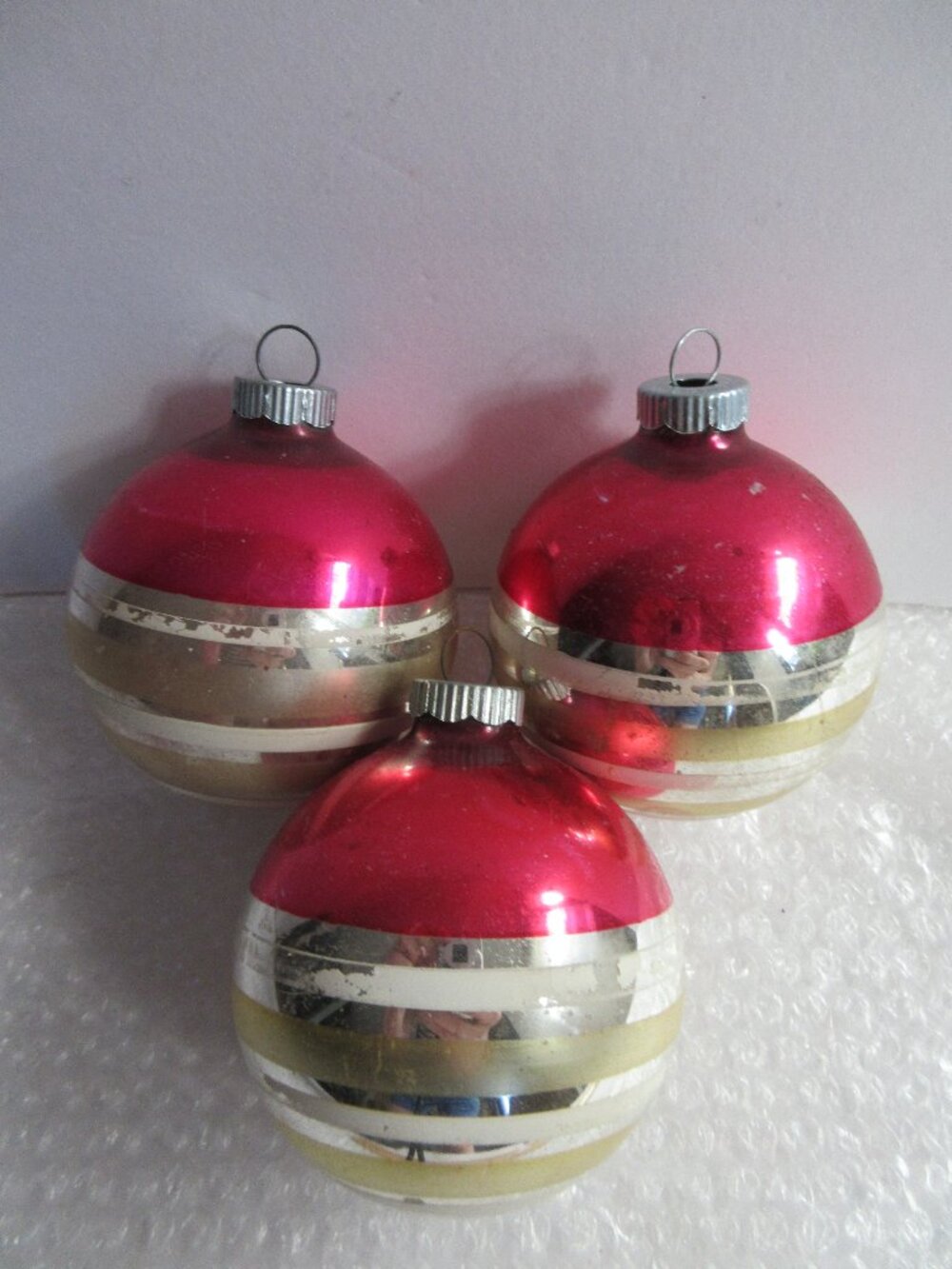 3 Shiny Brite Striped Christmas Tree Ornaments 2.5" Bright Pink, White, Gold Vtg